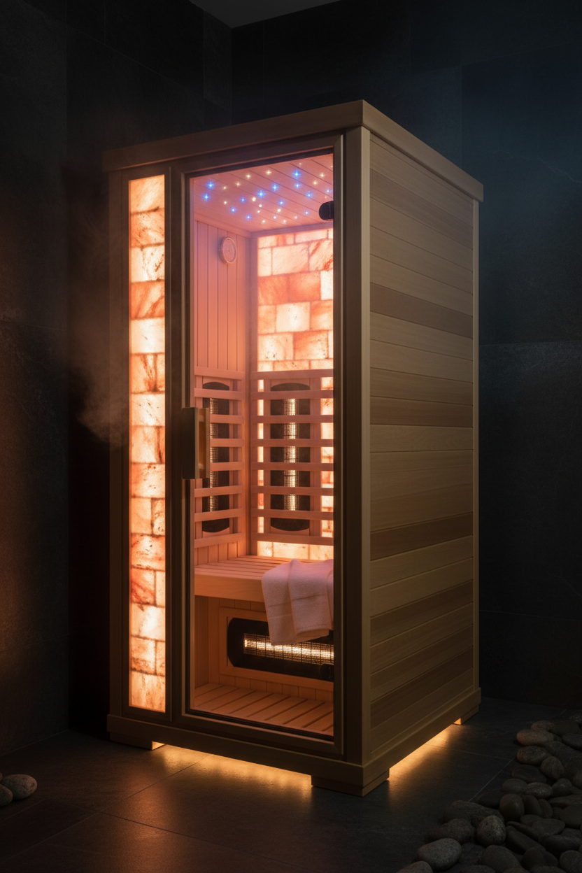 Himalayan salt therapy infrared sauna with glowing pink salt panels and starry sky LED ceiling