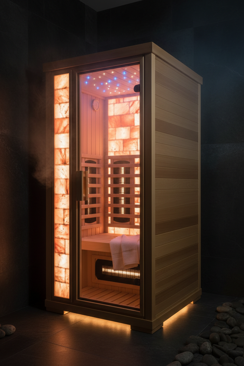 Himalayan salt therapy infrared sauna with glowing pink salt panels and starry sky LED ceiling
